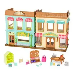 Produktbild: Li’l Woodzeez 24-teiliges Großes 41 cm Marktplatz Set mit Zubehör und 2 Stockwerken – Möbel, Kasse, Essen und mehr – Spielzeug für Kinder ab 3 Jahren