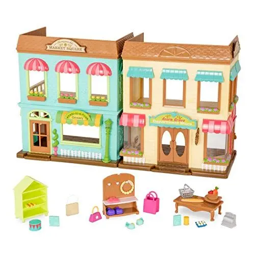 Produktbild: Li’l Woodzeez 24-teiliges Großes 41 cm Marktplatz Set mit Zubehör und 2 Stockwerken – Möbel, Kasse, Essen und mehr – Spielzeug für Kinder ab 3 Jahren