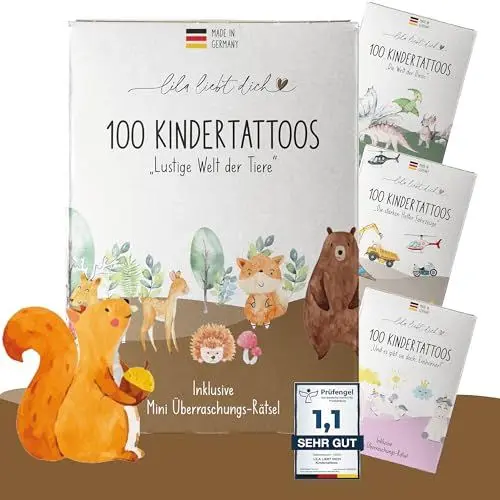Produktbild: lila liebt dich® 100 angesagte Tattoo Kinder Motive mit Tieren // Kindertattoos hautfreundlich & getestet // Kinder Tattoo Mädchen & Jungs Made in Germany // Schonende Tattoos Kinder hautfreundlich