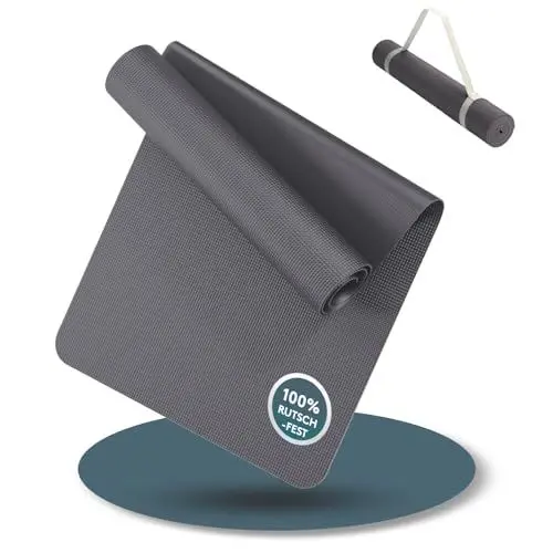 Produktbild: LILENO SPORTS Yoga Matte Grau (180x60cm) - Sport und Yogamatte extra rutschfest in 4 mm Dicke - Gymnastikmatte und Fitnessmatte für Workout und Yoga - Sportmatte für Zuhause