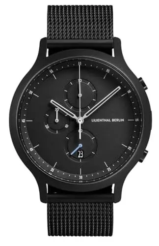 Produktbild: Lilienthal Berlin Chronograph All Black in schwarz – Herrenuhr am schwarzen Mesh Armband – aus 316L Chirurgenstahl mit einem Quarzuhrwerk & saphirgehärtetem Mineralglas – 42,5 mm