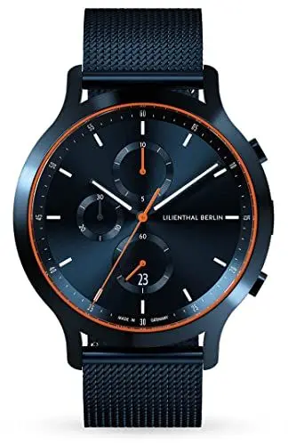 Produktbild: Lilienthal Berlin Chronograph Blue Orange IV in dunkelblau – Herrenuhr am blauen Mesh Armband – aus Chirurgenstahl mit einem Quarzuhrwerk & saphirgehärtetem Mineralglas – 42,5 mm