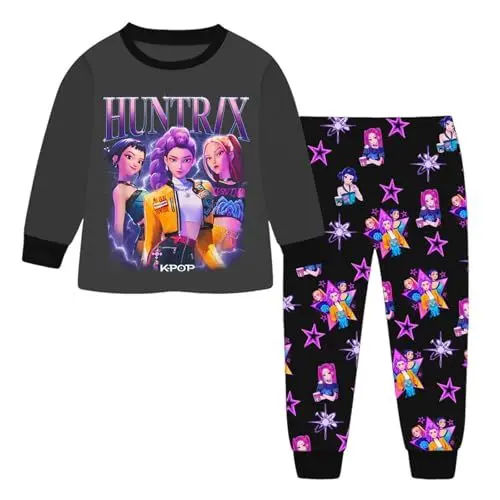 Produktbild: LILIHOT Schlafanzug Mädchen Kinder Pyjama Set Weich Schlafanzüge Bequem Baumwolle Nachtwäsche Anime Bedrucktes 2-Teiler Zweiteiliger Hausanzug(#C Black,11-12 Jahre)