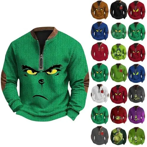 Produktbild: LILIHOT 𝑮𝒓𝒊𝒏𝒄𝒉 Pullover Herren Weihnachtsdruck Lustig Weihnachtspullover Rundhals Henley Shirt Ugly Christmas Sweater Weihnachtspulli Langarm Sweatshirt 𝑮𝒓𝒊𝒏𝒄𝒉 Kostüm(#01 Green,M)