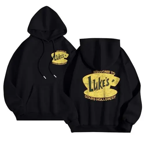 Produktbild: weihnachten sale Gἰ𝐥m𝐨r𝐞 Gἰr𝐥s Pullover Lu𝐊e's Logo Hoodie,Printing Sweatshirt mit Kordelzug Kapuze Langarm Pullover mit Taschen Winter 2024 Langarmshirt Lässig Pulli Y2k Clothes(#B Black,S)