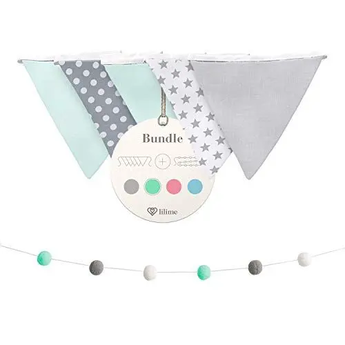 Produktbild: lilime® Wimpelkette Inkl. GRATIS Girlande ideal für Dekoration im Kinderzimmer - Unsere Wanddeko für Dein Kind - Super süße Deko für jedes Babyzimmer (1.9M/Grau-Weiß-Mint)