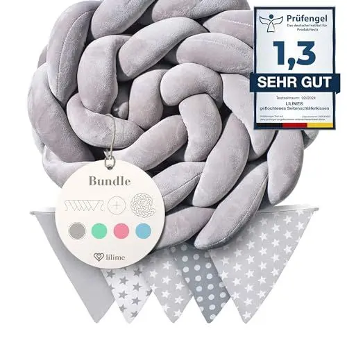 Produktbild: lilime® geflochtenes Seitenschläferkissen 2M - inkl. GRATIS Wimpelkette - geprüfte Qualität - Ideal zum Verschenken und Dekorieren - 200 cm (Grau)