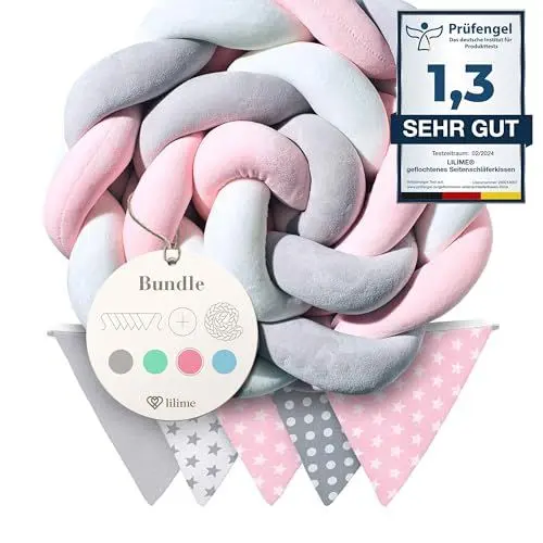 Produktbild: lilime® geflochtenes Seitenschläferkissen 3M - inkl. GRATIS Wimpelkette - geprüfte Qualität - Ideal zum Verschenken und Dekorieren - 300 cm (Rosa/Weiss/Grau)
