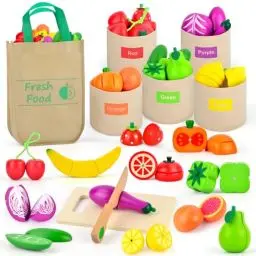 Produktbild: LilKisThk Spielküche Zubehör, Kaufladen Zubehör Holz, Kinderküche Zubehör Holzspielzeug, Kaufmannsladen Zubehör Schneiden Obst Gemüse Lebensmittel Kinderküche, Spielzeug ab 3 Jahre