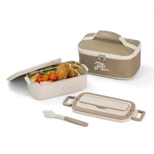 Produktbild: Lille Home 1000 ml Bento-Lunchbox für Erwachsene, tragbare Tiffin-Lunchbox aus Edelstahl, Snack-Lunch-Lebensmittelbehälter mit Lunchtasche und Besteck