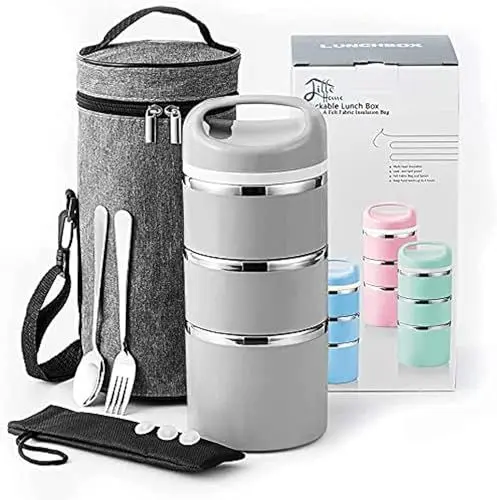 Produktbild: Lille Home 1380 ml stapelbare Lunchbox aus Edelstahl mit Thermofach, isolierter Bento-/Lebensmittelbehälter mit 3 Ebenen, mit verbesserter Lunchtasche und Silikondichtungen