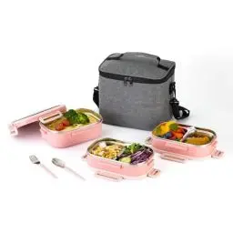 Produktbild: Lille Home 3-stöckige Bento-Lunchbox aus Edelstahl, 2,45 l, auslaufsicherer Lunchbehälter mit 5 Fächern für Erwachsene und Kinder