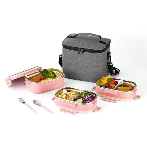 Produktbild: Lille Home 3-stöckige Bento-Lunchbox aus Edelstahl, 2,45 l, auslaufsicherer Lunchbehälter mit 5 Fächern für Erwachsene und Kinder