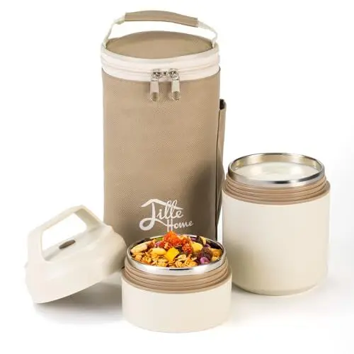 Produktbild: Lille Home 600 ml isolierte stapelbare Edelstahl-Thermo-Lunch-/Snackbox, 2-stöckiger Bento-/Snackbehälter für Kinder und Erwachsene, perfekt für Reisen, Schule, Büro, Fitnessstudio und mehr