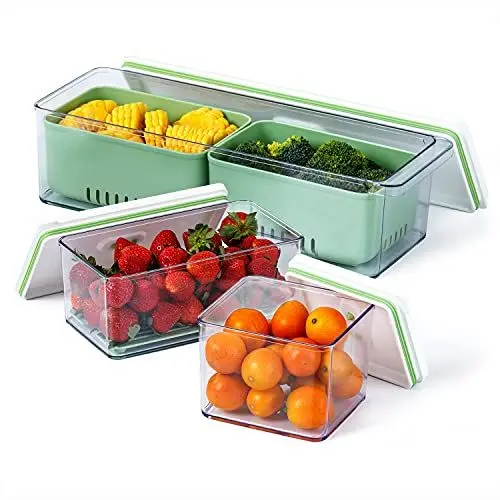 Produktbild: Lille Home Stapelbarer Produktschoner 4500 ml, Organizer-Behälter mit herausnehmbarer Ablaufwanne, 3er-Set, für Kühlschränke, Schränke, Arbeitsplatten und Speisekammer, BPA-frei (Grün)