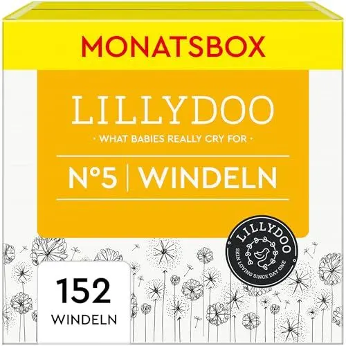 Produktbild: LILLYDOO hautfreundliche Baby Windeln - Größe 5 (11-16 kg),Monatsbox (152 Stück), Sicherer Auslaufschutz, Weich, Ohne Parfüme & Lotionen für empfindliche Haut, Dermatologisch getestet