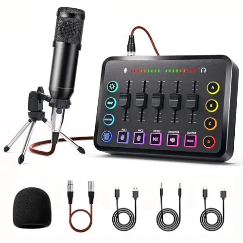 Produktbild: LILUOSUO Podcast Mikrofon mischpult Podcasting-Ausrüstung einschließlich Audiomischer und Streaming-Mikrofon für Videoproduktion, Live-Streaming, Voice-over-Gaming, kompatibel mit mehreren Software