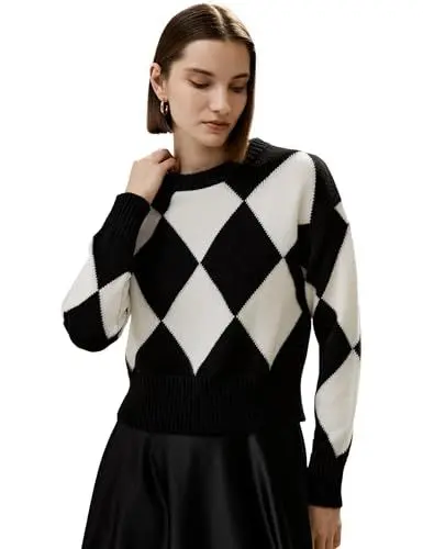 Produktbild: LilySilk 100% Kaschmir Pullover für Damen Elegantes Rautenmuster Gekürzter Rundhals-Pullover für Herbst Winter(Schwarz & Weiß,M