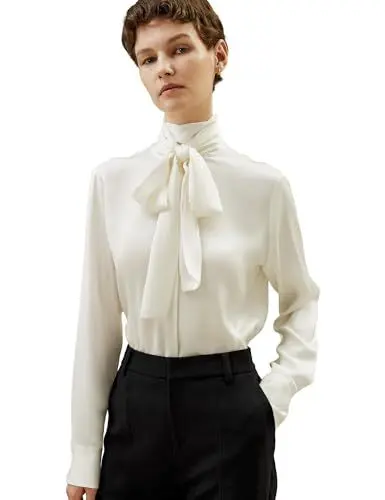 Produktbild: LilySilk Damen reines Seidenhemd Frau 22MM Maulbeer Seidenbluse mit Schleife Rollkragen und Halsbandband - Vielseitiges Top für Freizeit und Arbeit(Papyrusweiß,S)