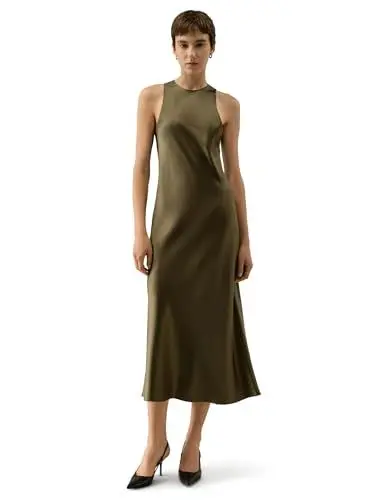 Produktbild: LilySilk Schlankes Seiden-Maxi-Kleid Ärmellose Langform Crewneck-Ausschnitt Festliche Abendgarderobe für Elegante Anlässe(Kiefer,M)