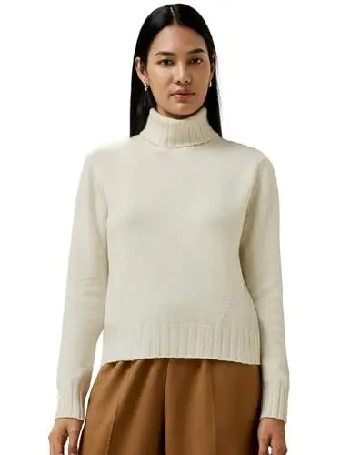 Produktbild: LilySilk Woll Kaschmir Pullover für Damen Rollkragenpullover mit Rippensaum Fass Kragen Strickpullover Winter Leichtgewicht(Weiß,S