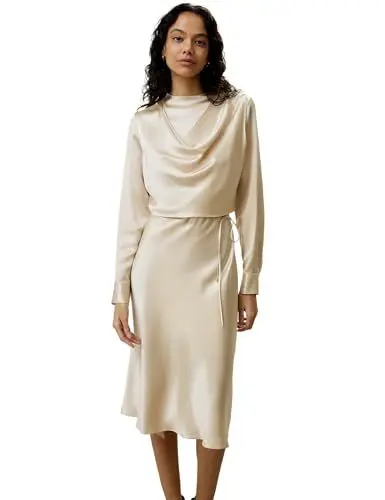 Produktbild: LilySilk hochgeschlossenes Seiden-Midi-Kleid für Frauen 22 Momme Selbstbindefasten Rückenreißverschluss langärmlige Business-Kleider Damenarbeit Größe(Gelber Kies,42)