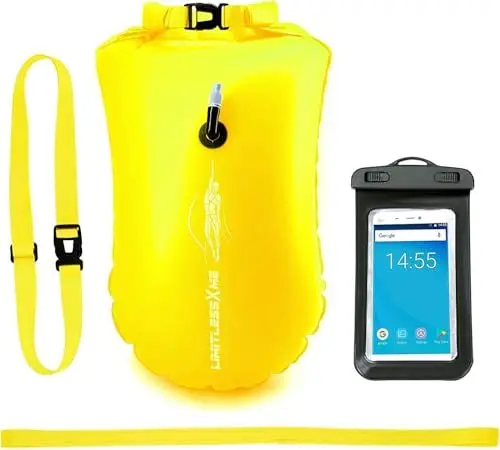 Produktbild: LimitlessXme Schwimmboje & Trockensack — 28l Gelb. Sicherheit beim Schwimmen, Open Water und Triathlon. Swimming Buoy, Swim Bubble, Schwimm Boj aufblasbar