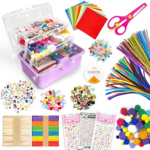 Produktbild: LINAYE 2500+Pcs Bastelset Bastelkoffer für Kinder,Bastelmaterial Bastelbox Gehören Pfeifenreiniger,Pompons,Scrapbooking Basteln Set Alter 4 bis 10 Geschenk für Junge Mädchen Bastelbedarf Lila