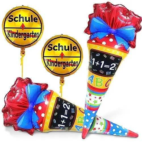 Produktbild: LINAYE Einschulung Folienballon Deko, 4 STK Schulanfang Luftballon Heliumballon - 2 Zuckertüte Folien Luftballon und 2 Schule Folienballon, Schulstart Schuleinführung Deko für Schulkind Jungen Mädchen