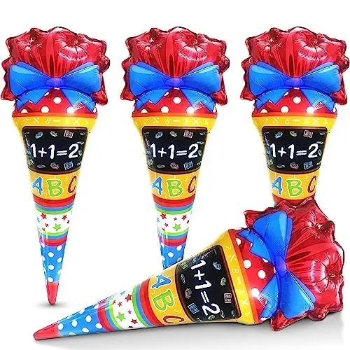 Produktbild: LINAYE Einschulung Schulanfang Deko - 4 STK Zuckertüten Luftballon Folienballon,Größe 25 x 70 cm, Einschulung Folienballon für Schulstart Schuleinführung Folien Ballon für Schulkind Jungen Mädchen