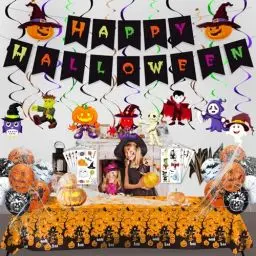 Produktbild: LINAYE Halloween Party Deko Kinderparty Dekoration Set - Girlande,Hängende Spiralen,Luftballon,Tischdecke,Kindertattoo,Spinnennetz Halloween Party Dekoration für Wohnung Halloween Deko Mädchen Jungen
