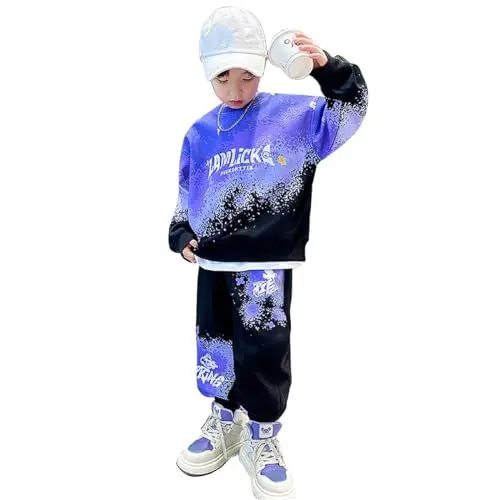 Produktbild: linboo Kinder Sportbekleidung Jungen Trainingsanzug Jogginganzug Dance Set Langarm Hoodie + Sporthose Freizeitanzug, Violett, 116