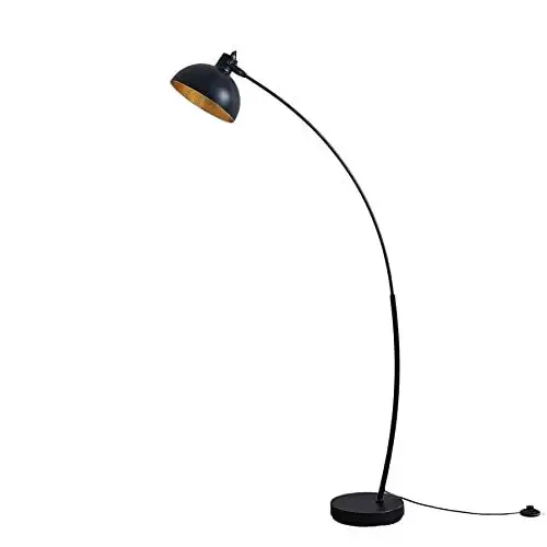 Produktbild: Lindby Geschwungene Stehleuchte in Schwarz und Gold, 155cm Höhe, Robuste Metallkonstruktion, Integrierter Fußschalter, 25cm Schirm, E27, 1x 60W Birne (nicht im Lieferumfang enthalten)
