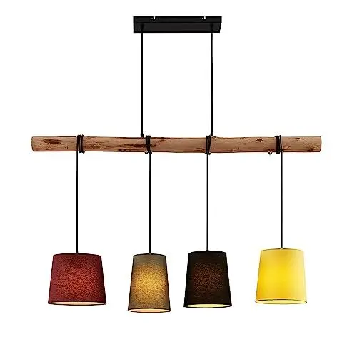 Produktbild: Lindby Esstisch Pendelleuchte Holz, Textil Balkenpendelleuchte Holzast und Stoff Lampenschirm Hängelampe Lampe Wohnzimmer 4x E27 ohne Leuchtmittel