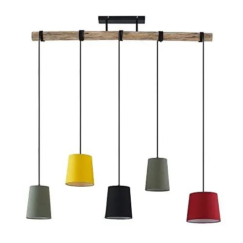 Produktbild: Lindby Esstisch Pendelleuchte Holz, Textil Balkenpendelleuchte Holzast und Stoff Lampenschirm Hängelampe Lampe Wohnzimmer 5x E27 ohne Leuchtmittel