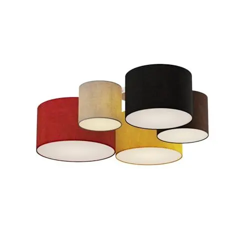 Produktbild: Lindby Stoff Deckenlampe grau, braun schwarz rot gelb 5 Schirme Ø 20 25 30 35 40 cm 5x E27 max. 60W ohne Leuchtmittel Textil Deckenleuchte