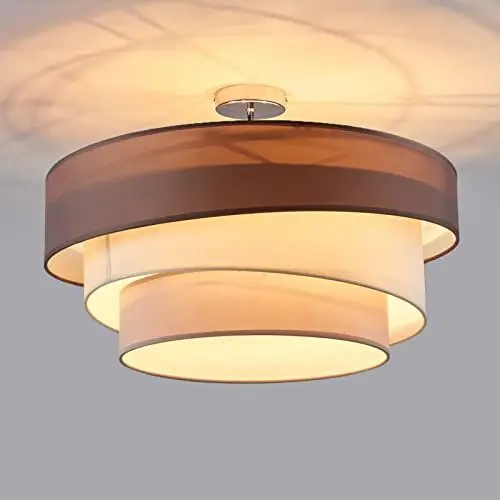 Produktbild: Lindby Textil Deckenleuchte rund 3 flammig, Ringe Deckenlampe Stoff Braun Weiß Grau 3x E27 max. 60W ohne Leuchtmittel Schlafzimmerleuchte