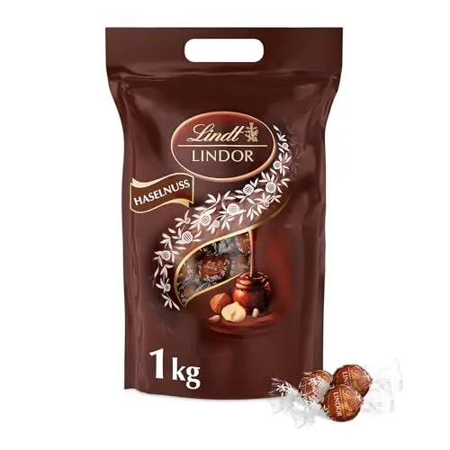 Produktbild: Lindt LINDOR, Haselnuss-Milch Schokolade Kugel Beutel, 1 kg Beutel wiederverschließbar, ca. 80 Kugeln, Großpackung, Pralinen-Geschenk, Schokoladengeschenk