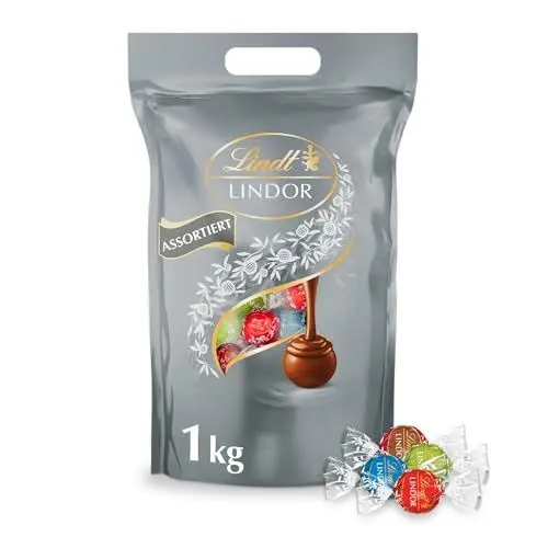 Produktbild: Lindt LINDOR Silber Mischung | 1 kg Beutel| 78 Schokoladen Kugeln |Milch, 70%, Salted Caramel, Double Chocolate mit zartschmelzender Füllung | Großpackung | Pralinen Geschenk | Schokoladengeschenk