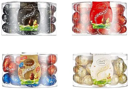 Produktbild: Lindt Schokolade LINDOR Eier | 4 Boxen à 450 g | LINDOR Eier mit zartschmelzender Füllung in den Sorten Milch, Weiß, Dunkel, Haselnuss | Oster Schokolade | Schokoladengeschenk | Ostereier | Schokoeier