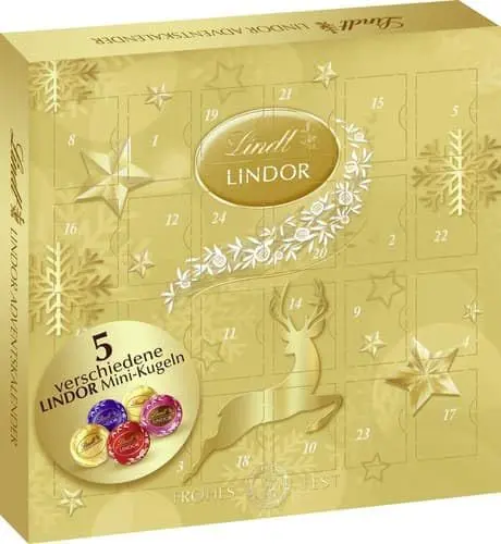 Produktbild: Lindt LINDOR Mini Adventskalender 2025 – 109 g | 24 zartschmelzende LINDOR Kugeln | edle Pralinen-Schokolade für Weihnachten | perfektes Schokoladengeschenk zur Adventszeit