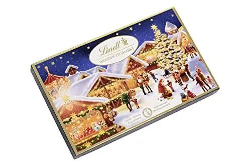 Produktbild: Lindt Schokolade Weihnachts-Markt Pralinés , 130 g , 12 weihnachtliche Pralinen in 3 Sorten , zum Teil alkoholhaltig , Schokoladengeschenk zu Weihnachten , Pralinen-Geschenk