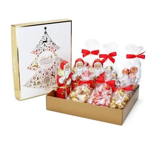 Produktbild: Lindt Schokolade Weihnachtsbox Gold | 1,269 kg | Köstliche Weihnachtsklassiker: 3 x Weihnachtsmänner und LINDOR Kugeln (Milch, weiß, dark 70% und Mandel-Crème) | Schokoladen-Geschenk zu Weihnachten
