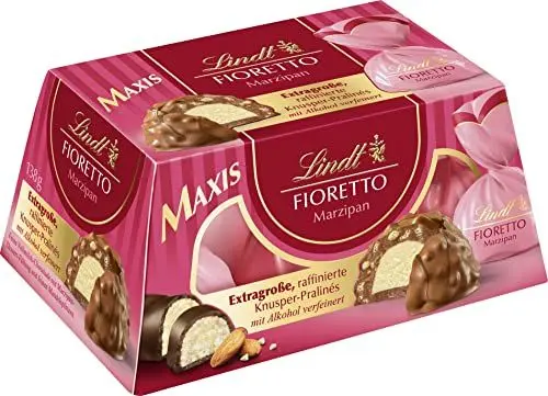 Produktbild: Lindt Schokolade - FIORETTO Maxi Marzipan | 138g Geschenkbox | Ca. 6 Pralinen mit Marzipan-Dessert-Füllung + Mandelsplittern umhüllt von Crisp, alkoholhaltig | Pralinengeschenk | Schokoladengeschenk