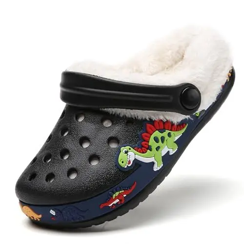 Produktbild: Lined Clogs Kinder Gefüttert Winter Pantoletten Gartenclogs Jungen Mädchen Hausschuhe rutschfeste Pantoffeln Warme Gartenschuhe Gummischuhe Winterclogs mit Fell Plüsch Sandalen Schwarz 26