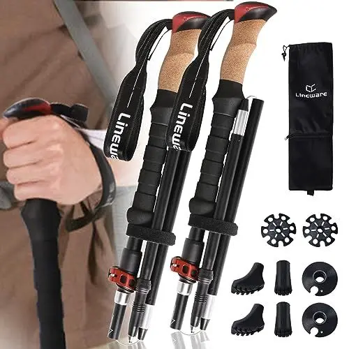 Produktbild: Lineware Nordic Wanderstöcke Trekkingstöcke Walking Stöcke Faltbar verstellbar 106-125cm Ultraleichte Trekkingstöcke aus Aluminium Teleskop-Trekkingstöcke mit Kork-Griff, für Damen und Herren