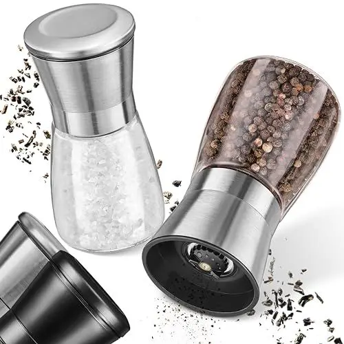 Produktbild: LINFELDT® Salz und Pfeffermühle verstellbares Keramikmahlwerk Edelstahl Spülmaschinengeeignet - Pfeffer und Salzmühle 2er Set - Grob & Fein 13,5x6,5 cm