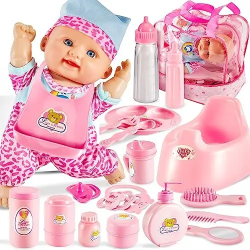 Produktbild: LINFUN KIDS Babypuppen Zubehör Set, Puppenset Fütterungsset mit Milchfläschchen Puppentöpfchen Spielpuppe Badezubehör Puppenspielzeug Spielset Rollenspiel Geschenk für Jungen Mädchen ab 3 4 5 Jahre