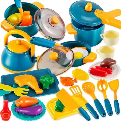 Produktbild: LINFUN KIDS Kinderküche Matschküche Zubehör, Spielküche Puppengeschirr Topfset Zubehör Kochgeschirr, Küchen Lebensmittel Spielzeug Rollenspiele Geschenk für Kinder Jungen Mädchen ab 3 4 5 Jahren