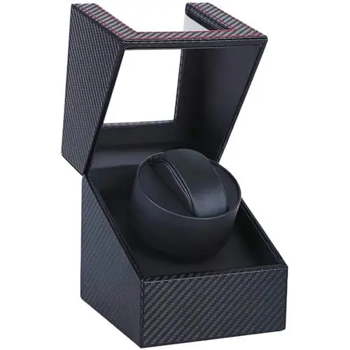 Produktbild: LINGFANSTORE Automatische Uhrenbeweger Box,luxuriöser Single Uhrenbeweger,Uhrengehäuse mit leisem Mabuchi Motor,Batteriebetrieb oder Netzteil PU Leder (Faser aus Kohlenstoff)